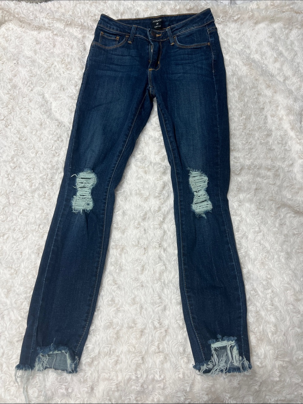 Just Black Denim Dark Blue Distressed Skinny Jeans with Frayed Hems